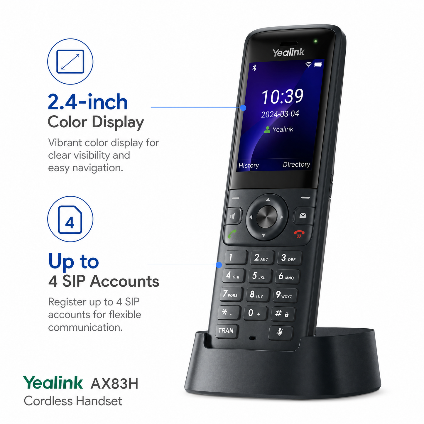 Yealink AX83H Enterprise Wi-Fi 6 IP Handset with Dual-Band Wireless, 5-Party Conference, and Seamless Roaming