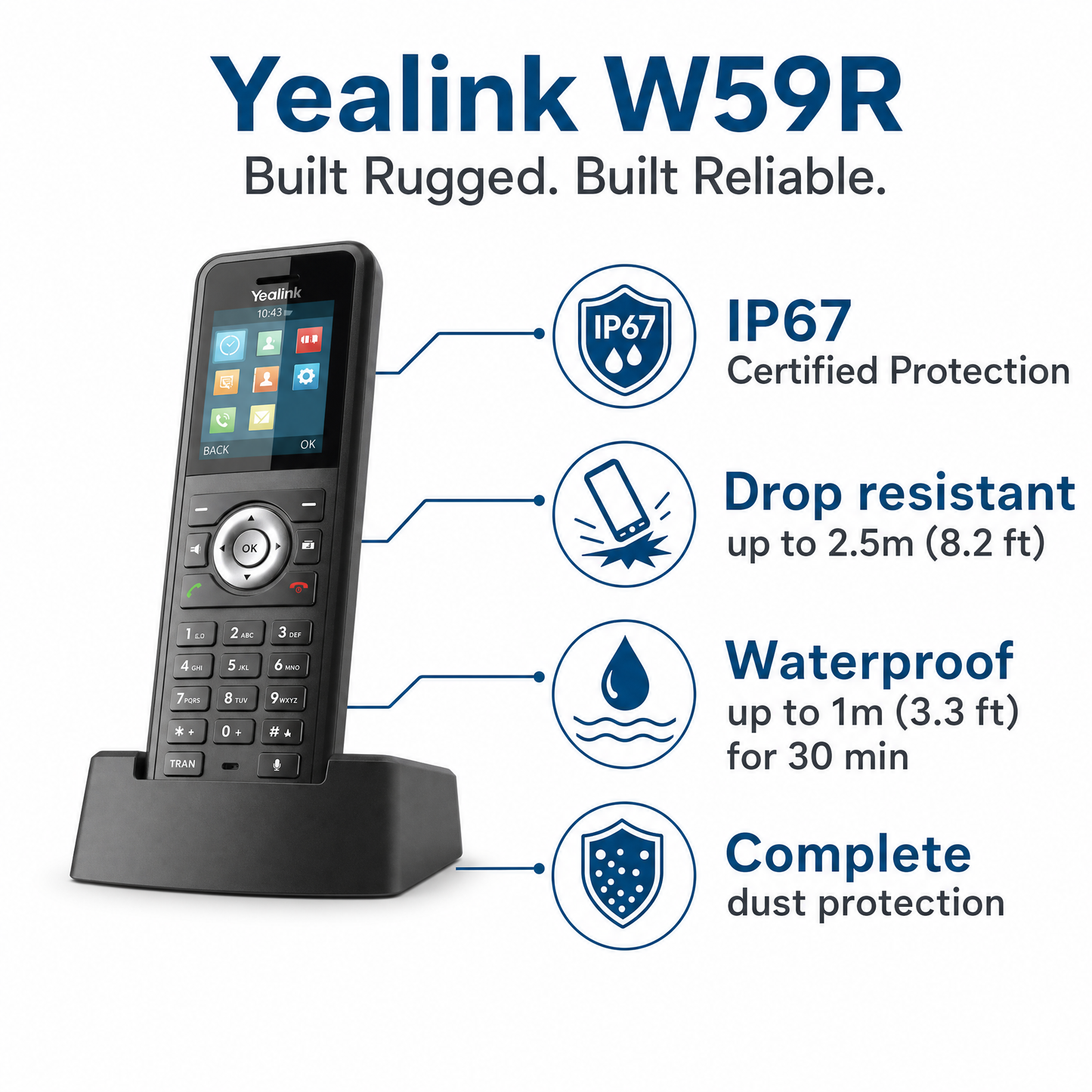 Yealink W59R IP67 Rugged DECT Handset for Harsh Environments with Bluetooth and Vibration Alert
