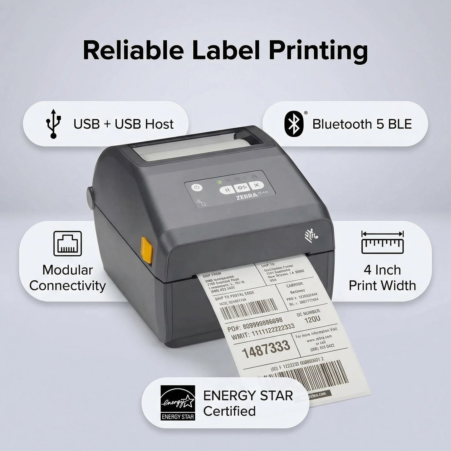 Zebra ZD4A042-D01M00EZ Direct Thermal Desktop Printer - 203 DPI, USB, USB Host, Modular Connectivity Slot, Bluetooth Low Energy 5, US Cord