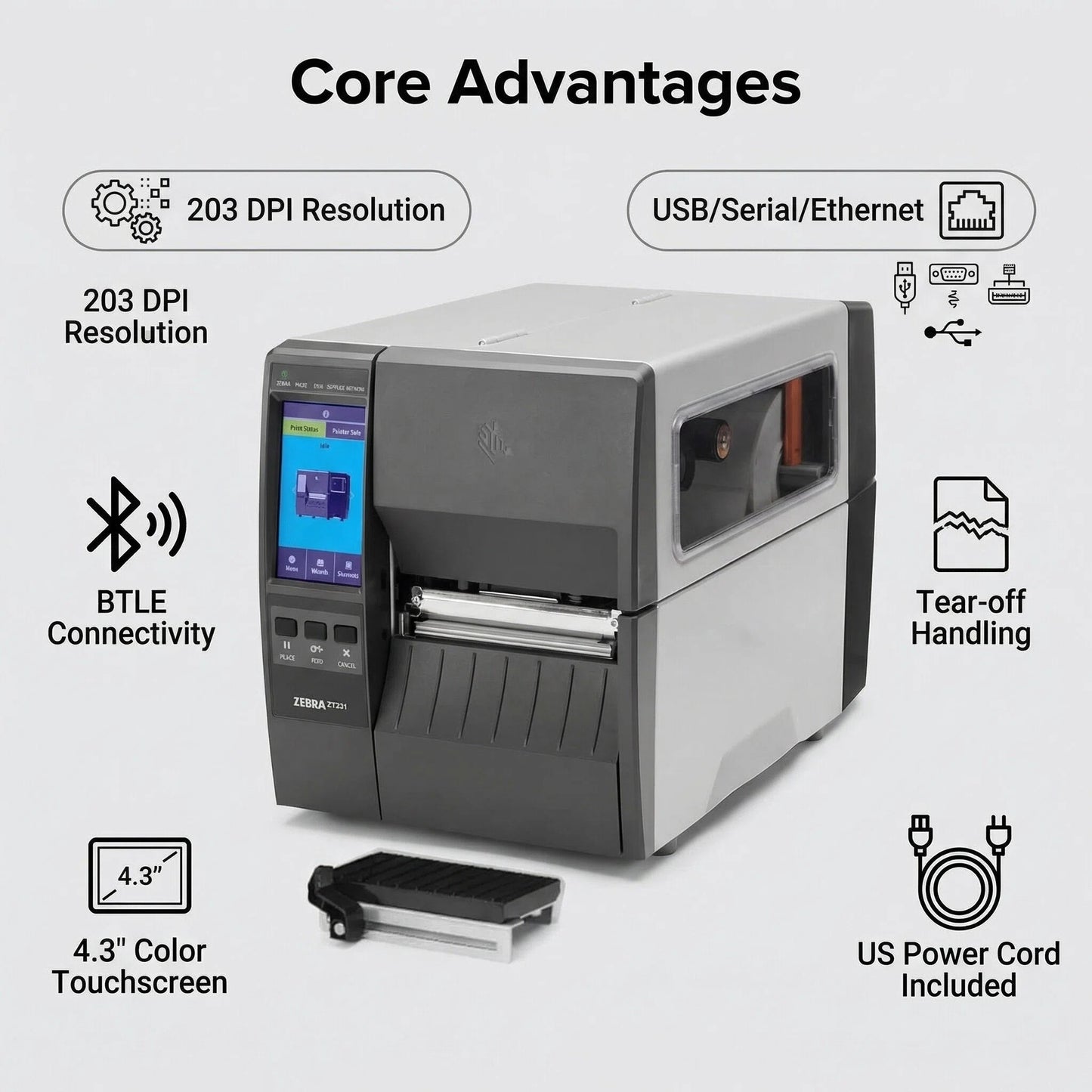 Zebra ZT23142-D01000FZ ZT231 4 Inch Direct Thermal Industrial Printer - 203 DPI, Tear-Off, USB, Serial, Ethernet, Bluetooth Low Energy, USB Host, US Cord