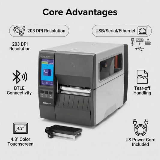 Zebra ZT23142-D01000FZ ZT231 4 Inch Direct Thermal Industrial Printer - 203 DPI, Tear-Off, USB, Serial, Ethernet, Bluetooth Low Energy, USB Host, US Cord