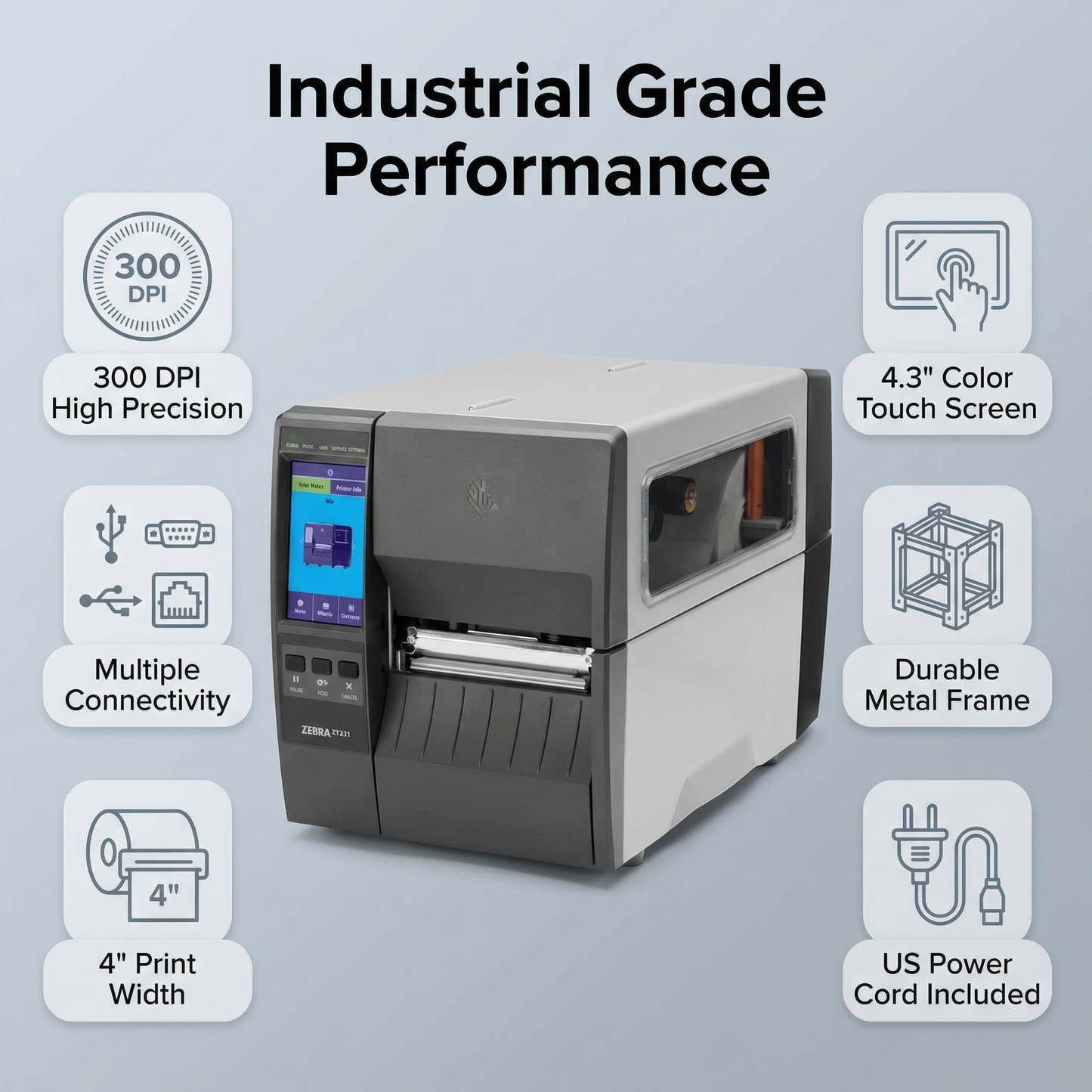 Zebra ZT23143-T01000FZ ZT231 4" Thermal Transfer Industrial Printer - 300 DPI, Tear-Off, USB, Serial, Ethernet, BTLE, USB Host, EZPL, US Cord