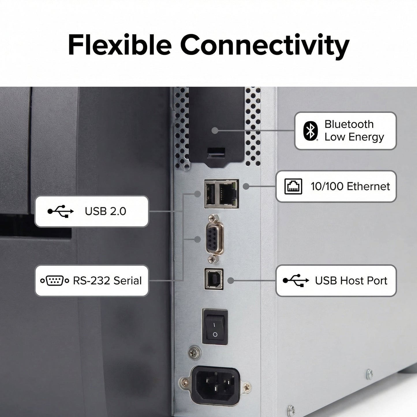 Zebra ZT23143-T01000FZ ZT231 4" Thermal Transfer Industrial Printer - 300 DPI, Tear-Off, USB, Serial, Ethernet, BTLE, USB Host, EZPL, US Cord