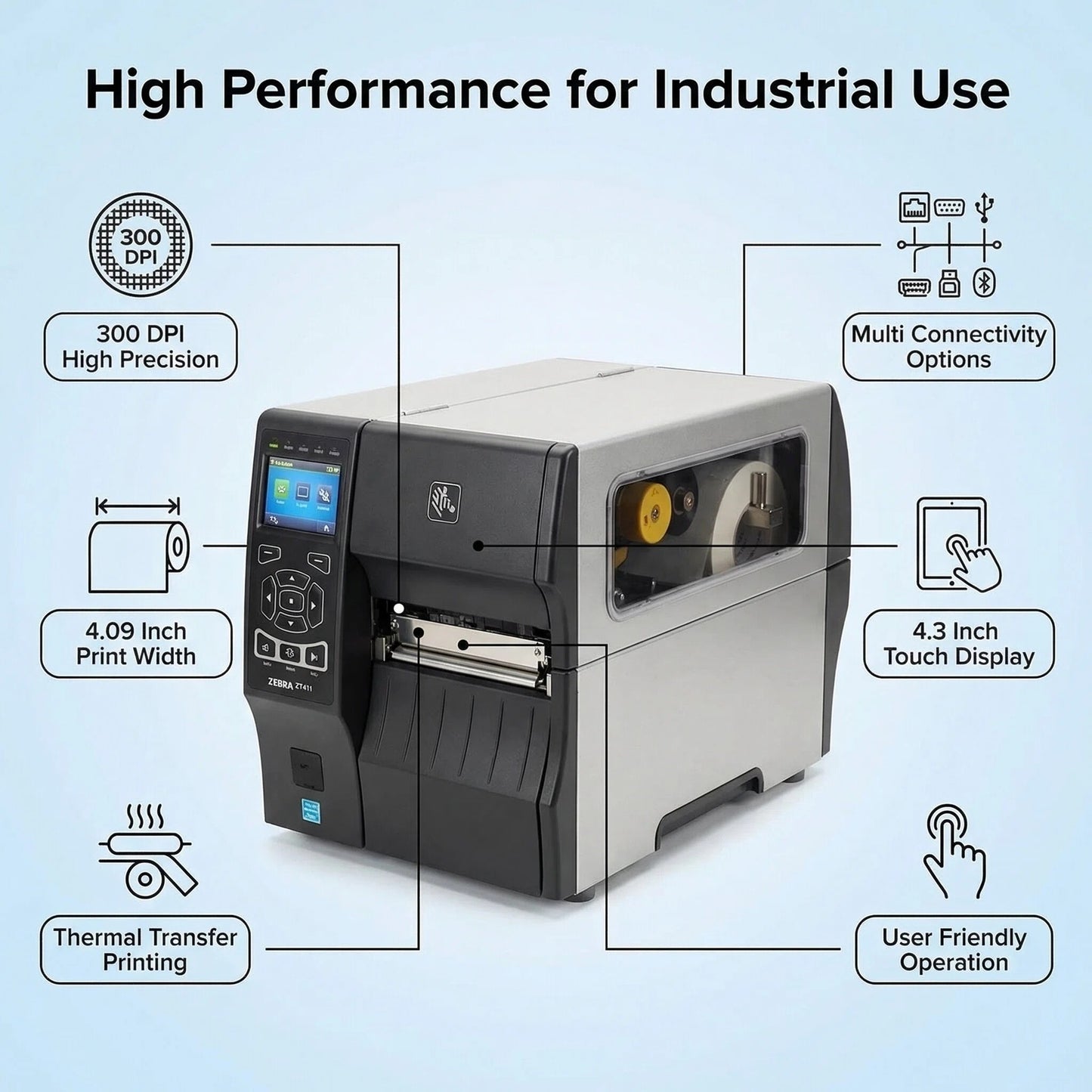 Zebra ZT41143-T010000Z ZT411 Industrial Label Printer - Thermal Transfer, 4-Inch Print Width, 300 dpi, Serial, USB, 10/100 Ethernet, Bluetooth 4.1/MFi, USB Host, US Cord
