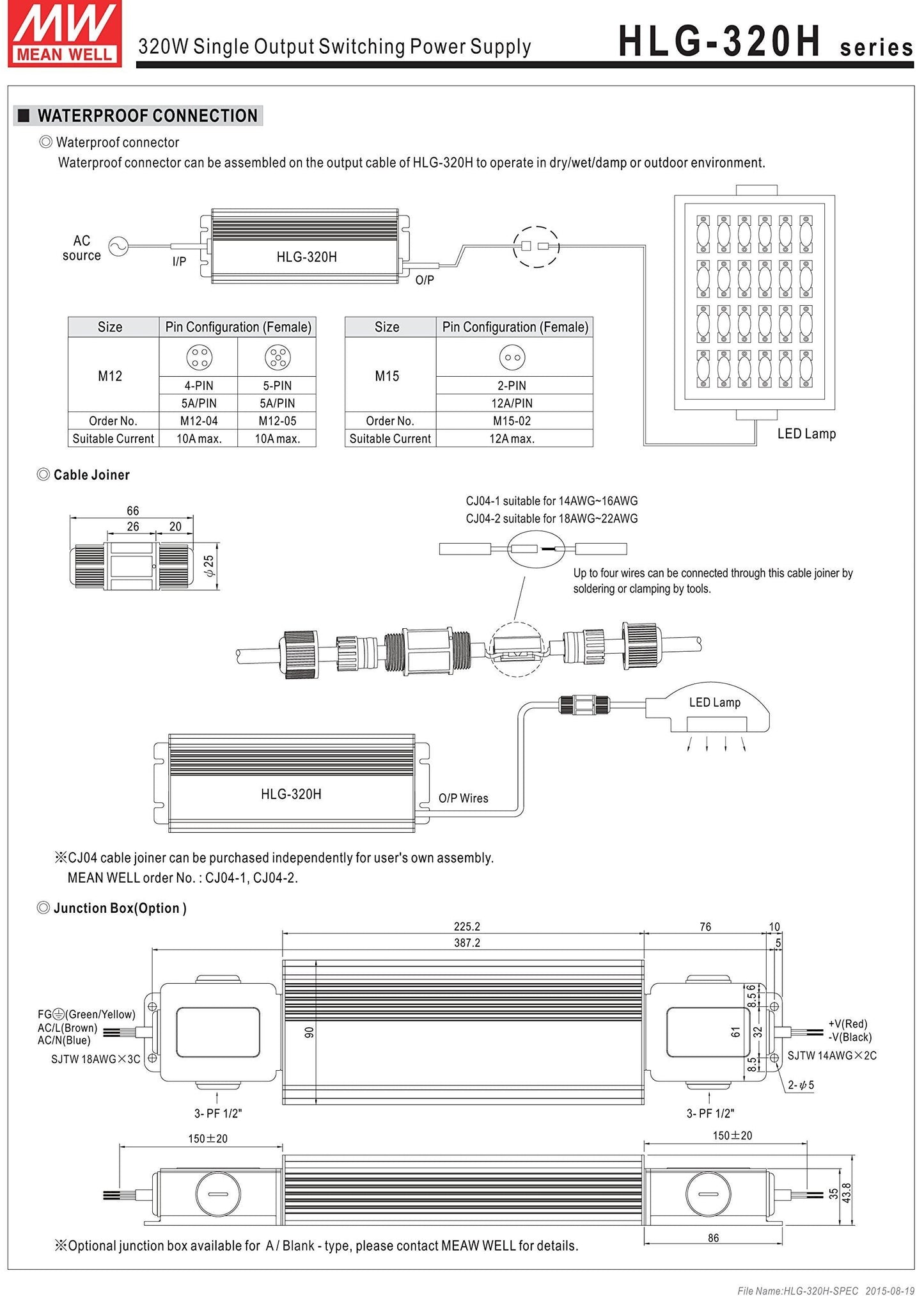 Mean Well HLG-320H-12A Switching LED Power Supply, Single Output, 12V, 0-22A, 264W, 1.7" H x 3.5" W x 9.9" L, White