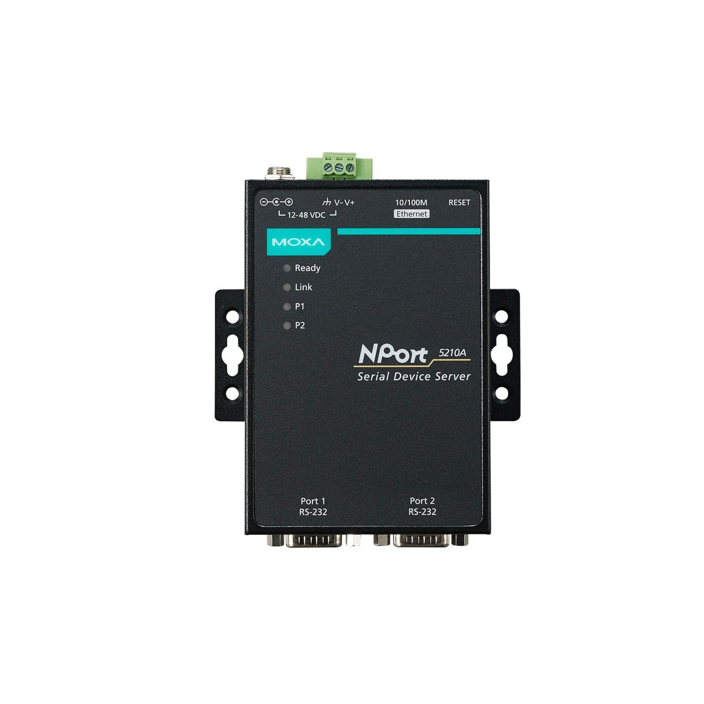 Moxa NPort 5210A Serial Device Server | 2-Port RS-232, 10/100M Ethernet, DB9 Male, 15kV ESD, 12–48VDC, 0–60°C