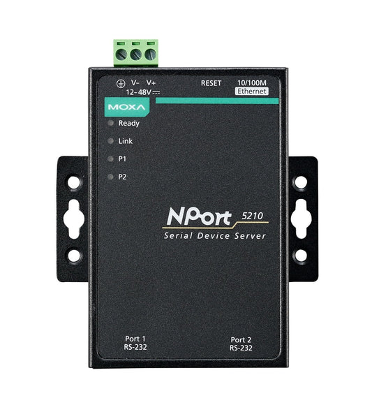 Moxa NPort 5210 Serial Device Server | 2-Port RS-232, 10/100M Ethernet, RJ45 8-Pin, 15kV ESD, 110V/230V (Adapter)