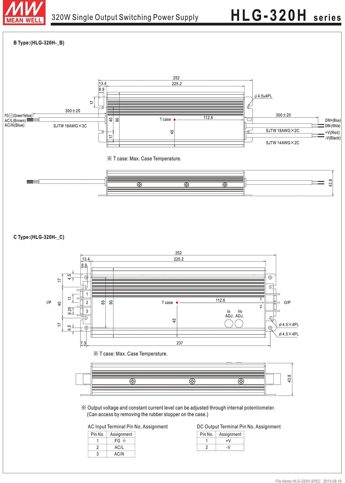 Mean Well HLG-320H-12A Switching LED Power Supply, Single Output, 12V, 0-22A, 264W, 1.7" H x 3.5" W x 9.9" L, White