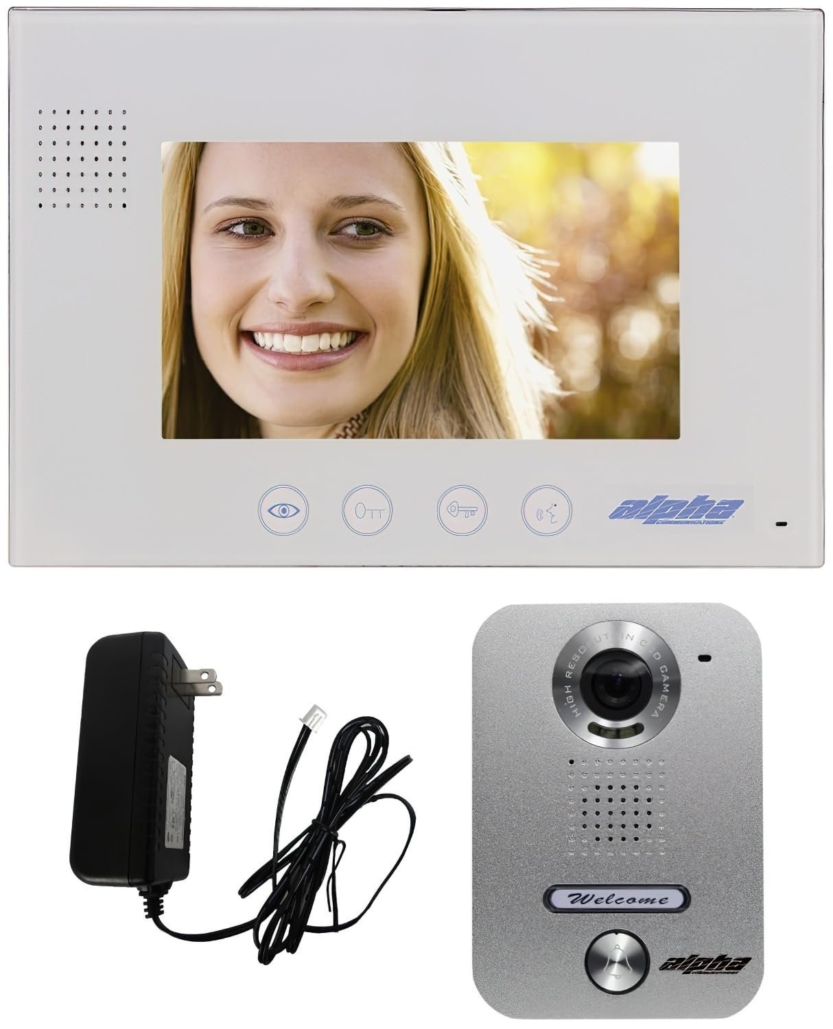 Alpha Communications VK237WS 2-Wire Color Video Intercom Kit; Includes: (1) 7" Soft-touch Monitor, (1) 1-Button Surface-Mounted Aluminum Entrance Panel, and (1) Power Supply