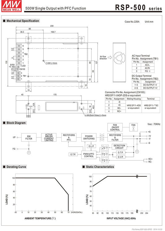 MEAN WELL RSP-500-48 AC to DC Switching Enclosed Power Supply Single Output with PFC Function 48V 10.5A 504W