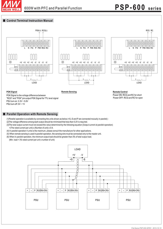 Mean Well PSP-600-48 Enclosed Switching AC-to-DC Power Supply, Single Output, 48V, 0-12.5A, 600W, 3.7" H x 4.7" W x 6.7" L