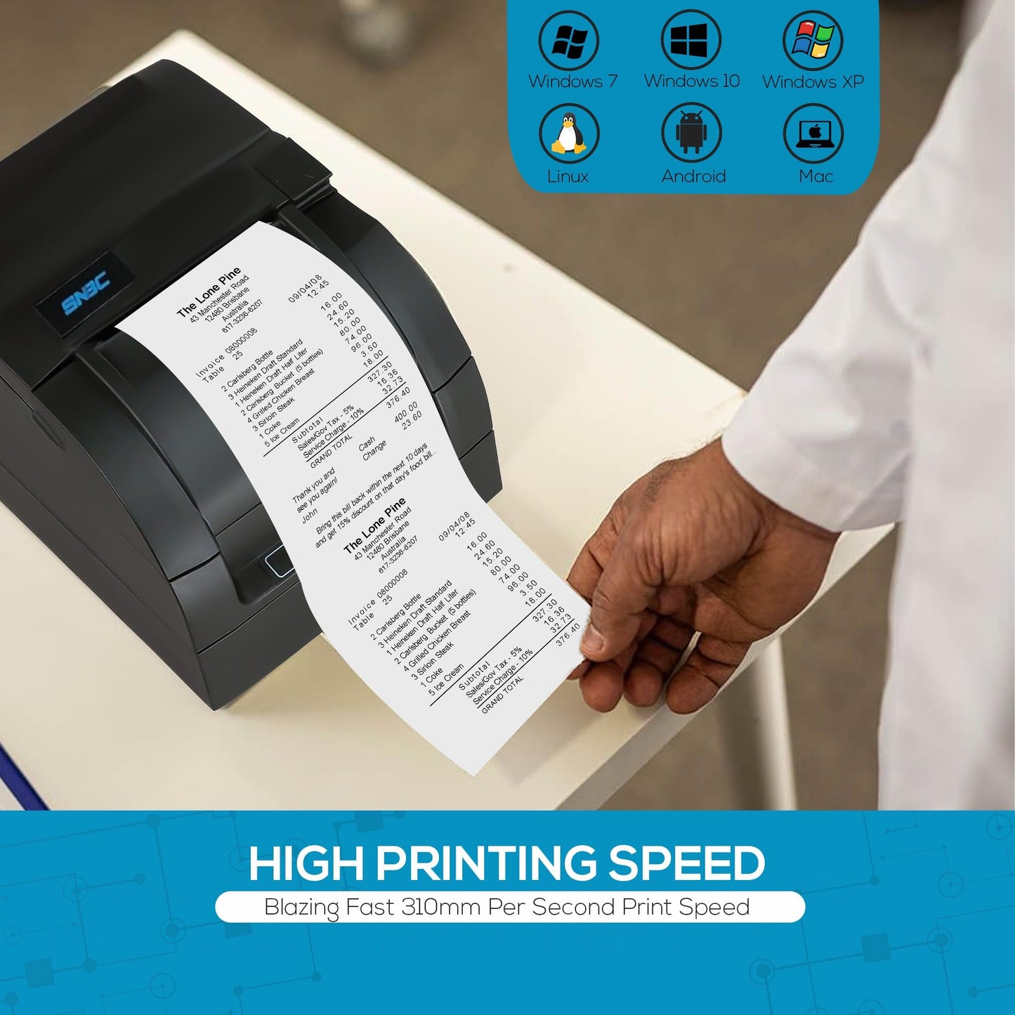 SNBC 132361 Model BTP-M300A Impact Receipt Printer, Black; with Cutter, Internal Power Supply (Compatible with Popular POS Software Applications)