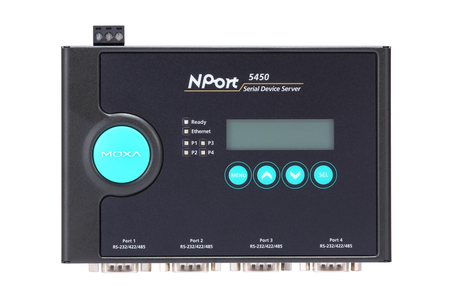MOXA NPort 5450 w/Adapter - 4 Ports Device Server, 10/100 Ethernet, RS-232/422/485, DB-9, 15KV ESD, 110V Adapter Included