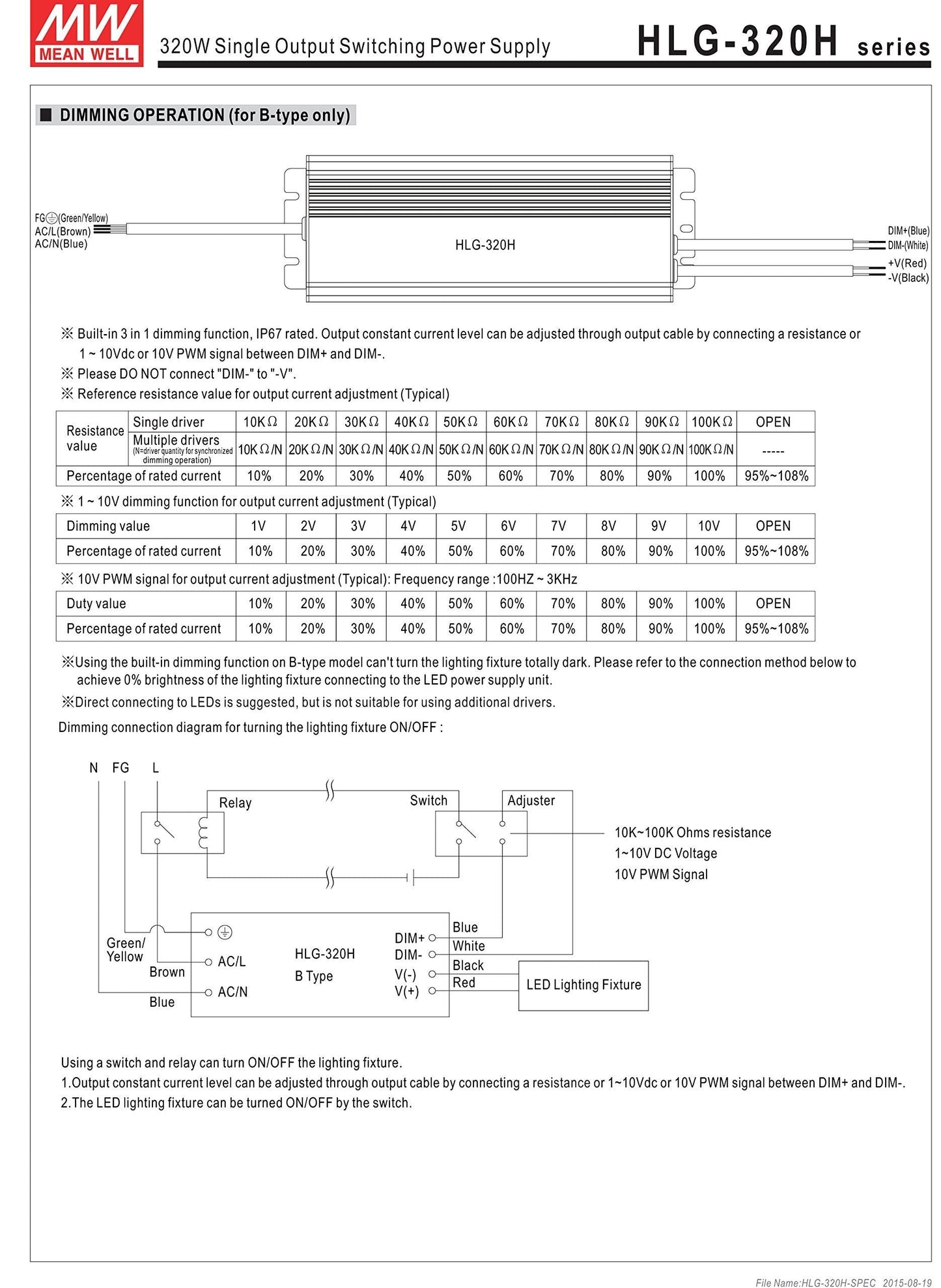 Mean Well HLG-320H-12A Switching LED Power Supply, Single Output, 12V, 0-22A, 264W, 1.7" H x 3.5" W x 9.9" L, White
