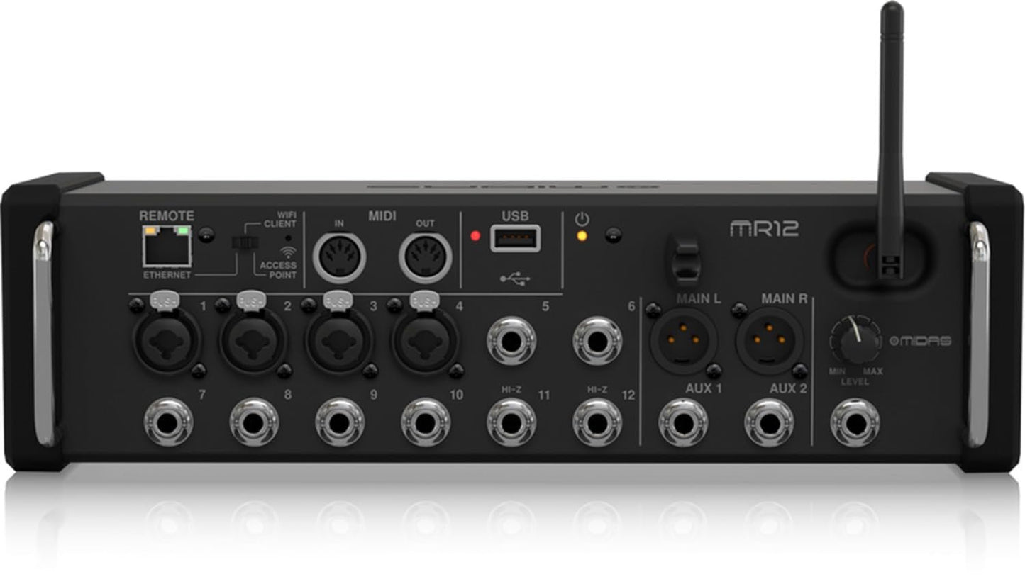 Midas MR12 12-Input Digital Mixer | for iPad/Android Tablets with 4 Midas PRO Preamps, 8 Line Inputs, Integrated Wifi Module and USB Stereo Recorder