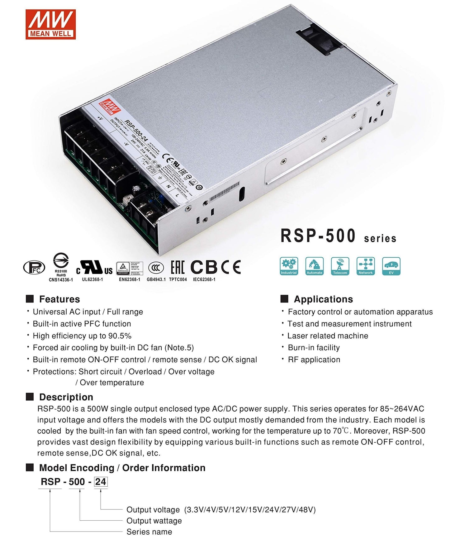 Mean Well RSP-500-24 DC Power Supply 500W/24V/21A PFC | for 3D Printer, LED Strip Light, Industrial Control System