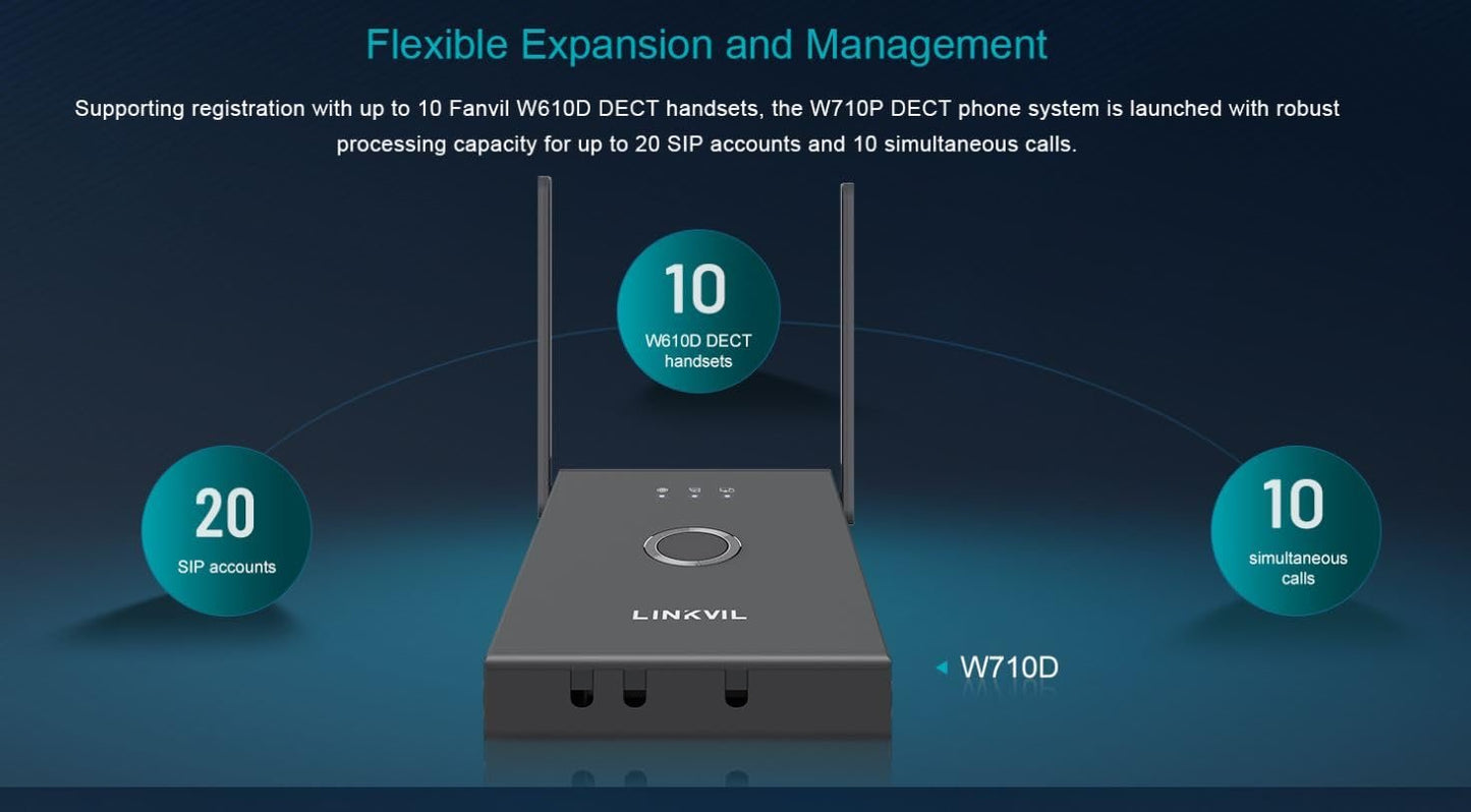 Fanvil W710P DECT Wireless SIP Phone System with Base and Handset – HD Audio, Long Range, 10 Lines, 20 SIP Accounts, 2.0" Color Screen, Bluetooth, Drop Resistant, for Office & Business Use