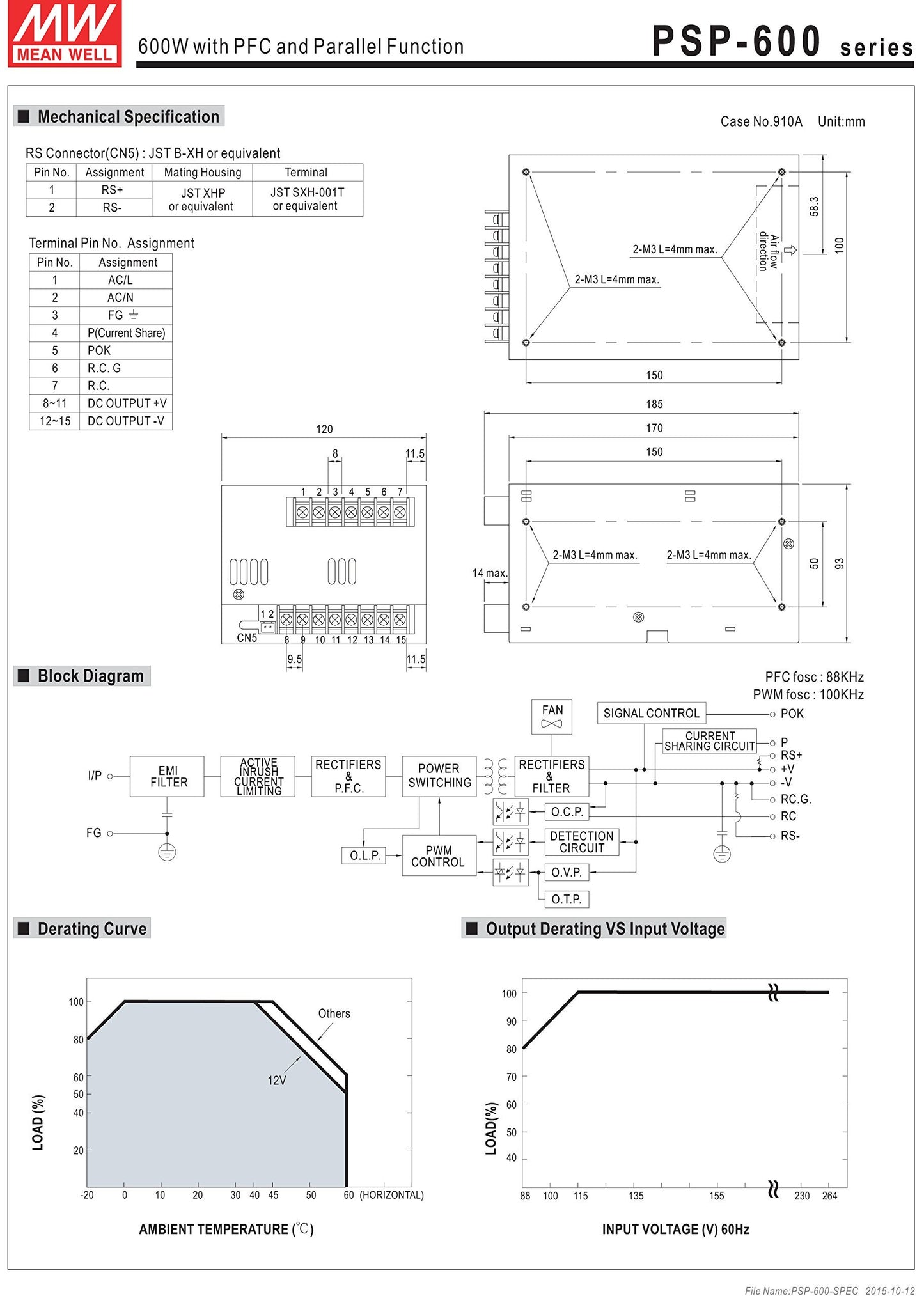 Mean Well PSP-600-48 Enclosed Switching AC-to-DC Power Supply, Single Output, 48V, 0-12.5A, 600W, 3.7" H x 4.7" W x 6.7" L