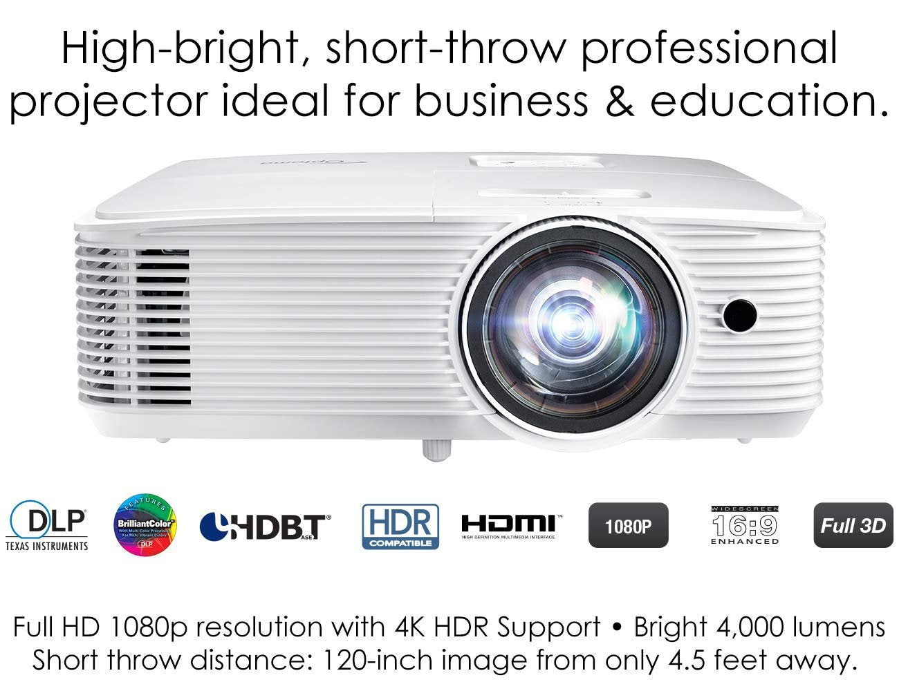 Optoma EH412 1080P HDR DLP Professional Projector | Super Bright 4500 Lumens | Business Presentations, Classrooms, and Meeting Rooms | 15000 Hour Lamp Life | 4K HDR Input | Speaker Built in , White