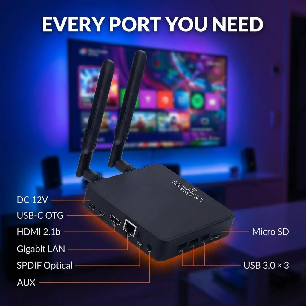 Ugoos AM9 Pro Android 14 TV Box, 4K 120fps, Dolby Vision HDR, 4GB LPDDR5 RAM 64GB, Wi-Fi
6, AI Super Resolution, HDMI 2.1b, 3 USB 3.0, Gigabit Ethernet, Bluetooth 5.3, Amlogic S905X5-J