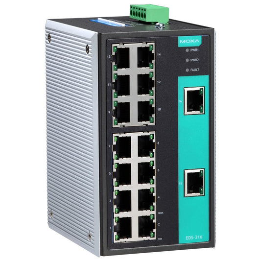 MOXA EDS-316 - 16 Ports Unmanaged Ethernet Switch with 16 10/100BaseT(X) Ports, 0 to 60°C Operating Temperature
