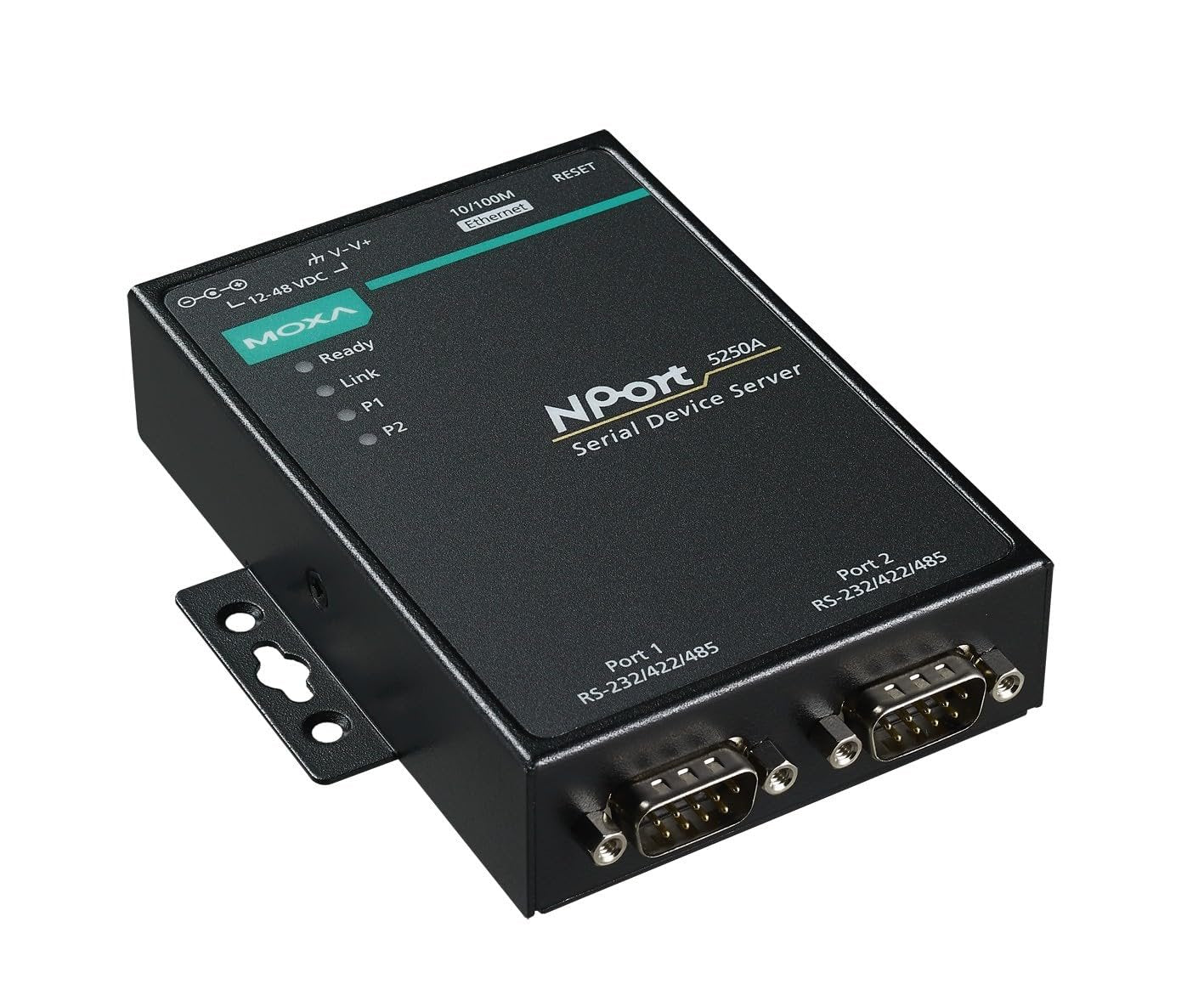 Moxa NPort 5250A Device Server | 2-Port, 10/100 Ethernet, RS-232/422/485, DB9 Male, 15kV ESD, Serial Surge Protection, 12–48VDC