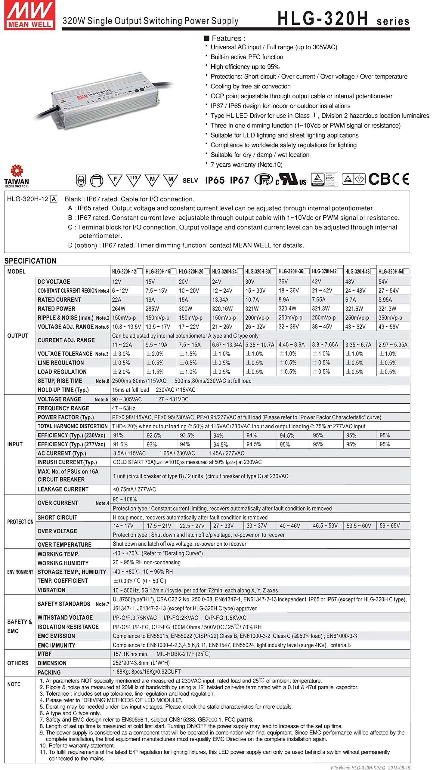 Mean Well HLG-320H-12A Switching LED Power Supply, Single Output, 12V, 0-22A, 264W, 1.7" H x 3.5" W x 9.9" L, White