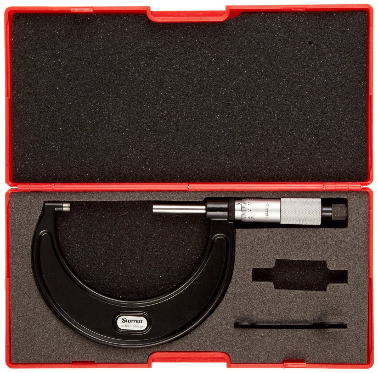 Starrett 436.1MXRL-75 Outside Micrometer, Ratchet Stop, Lock Nut, Carbide Faces, 50-75mm Range, 0.01mm Graduation, +/-0.002mm Accuracy