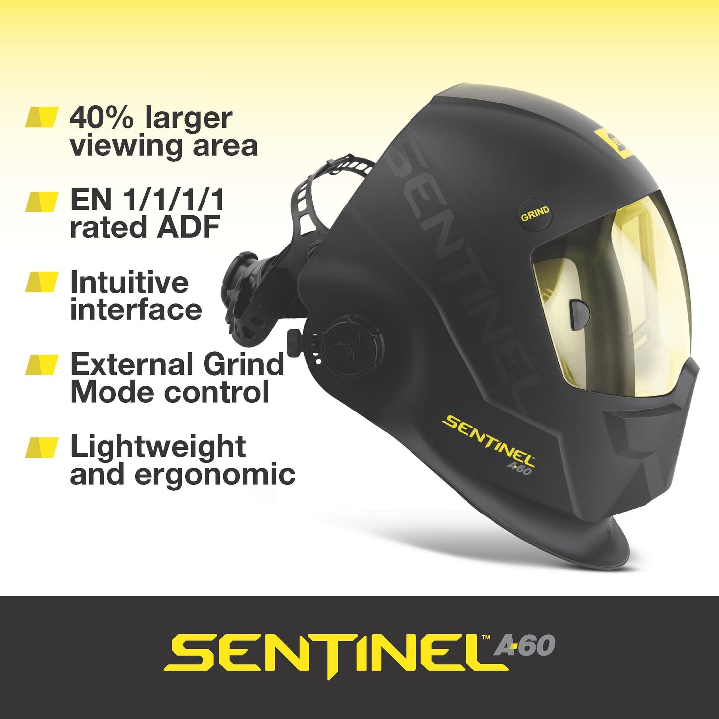 ESAB® Sentinel™ A60 Welding Helme | Black Low-Profile Design, High Impact Resistance Nylon, Large Viewing Area