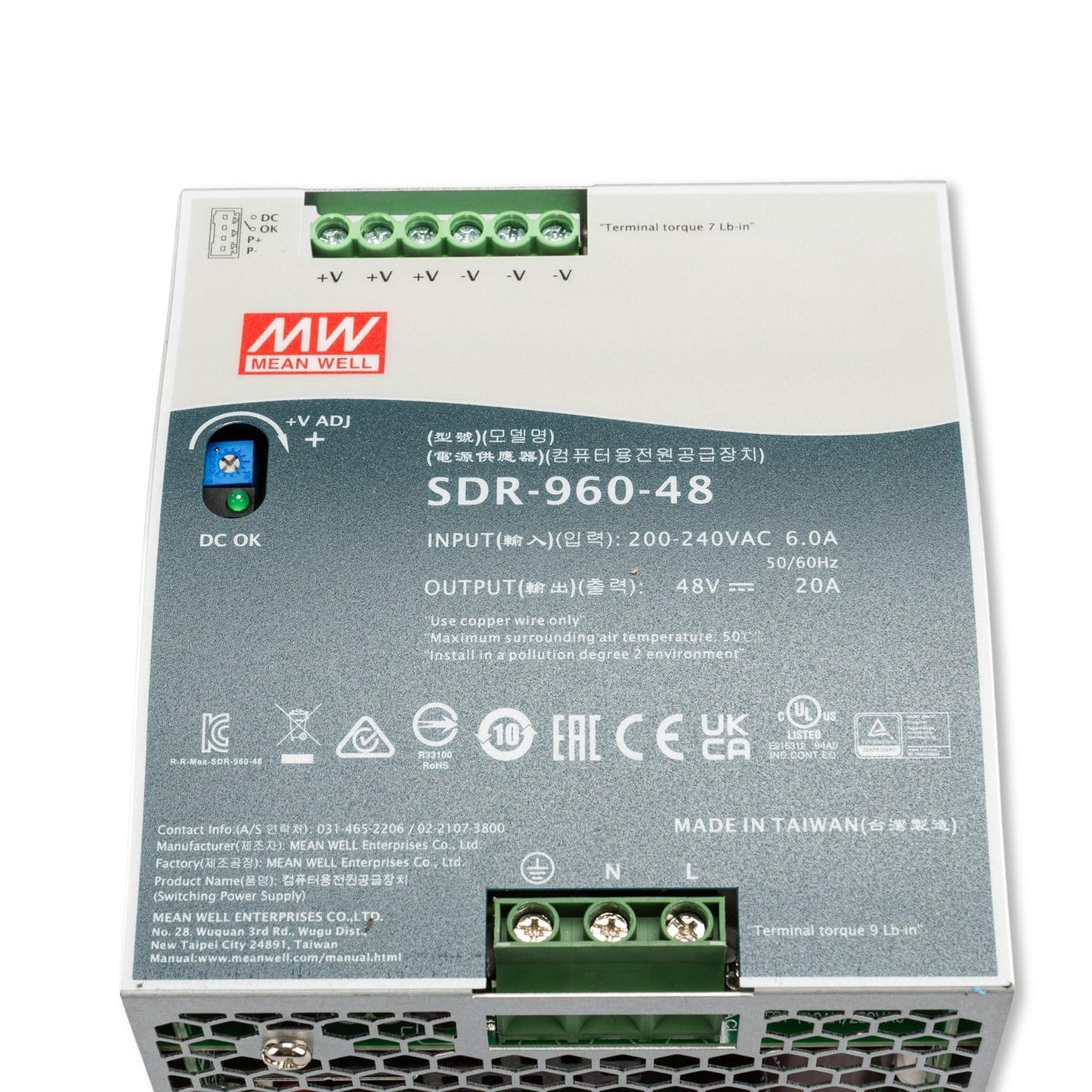 MEAN WELL SDR-960-48 Single Output Industrial DIN Rail Power Supply with PFC Function, 48 Volt, 20 Amp, 960 Watt